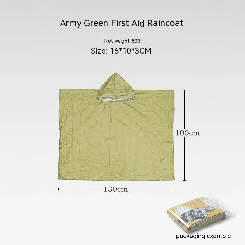 Orange emergency tent with sleeping bag and raincoat for disaster relief camping