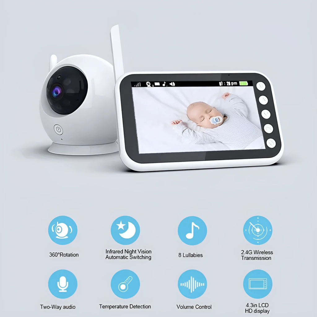 43 inch baby monitor with 4.3 inch LCD screen showing video feed of baby sleeping