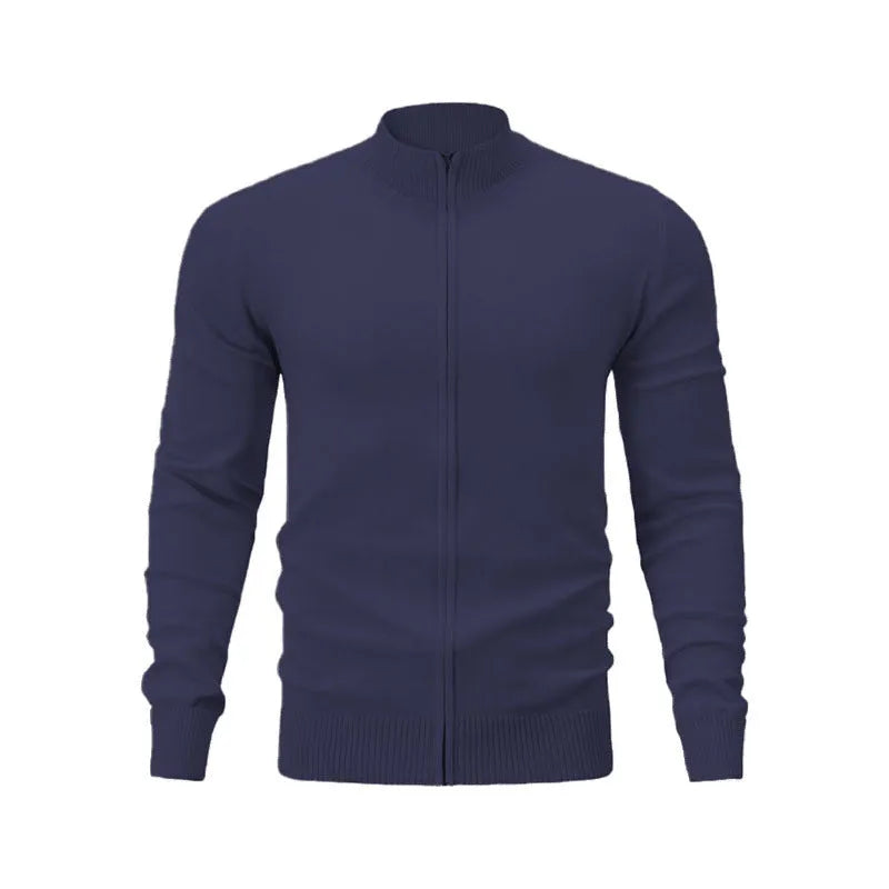 A casual loose-fit cotton cardigan with a stand collar and a full front zipper, shown in a solid colour.
