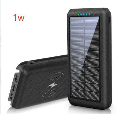Solar power bank with wireless charging surface, three USB ports, and LED flashlight in black colour