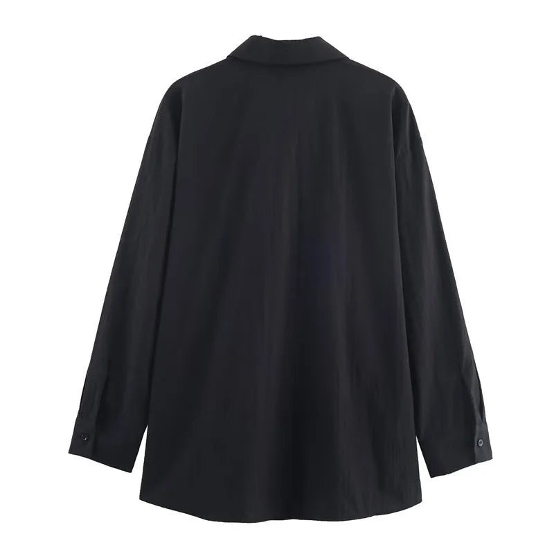 Women's trip-strap poplin shirt with plant and flower print, black, long sleeves, casual pullover style