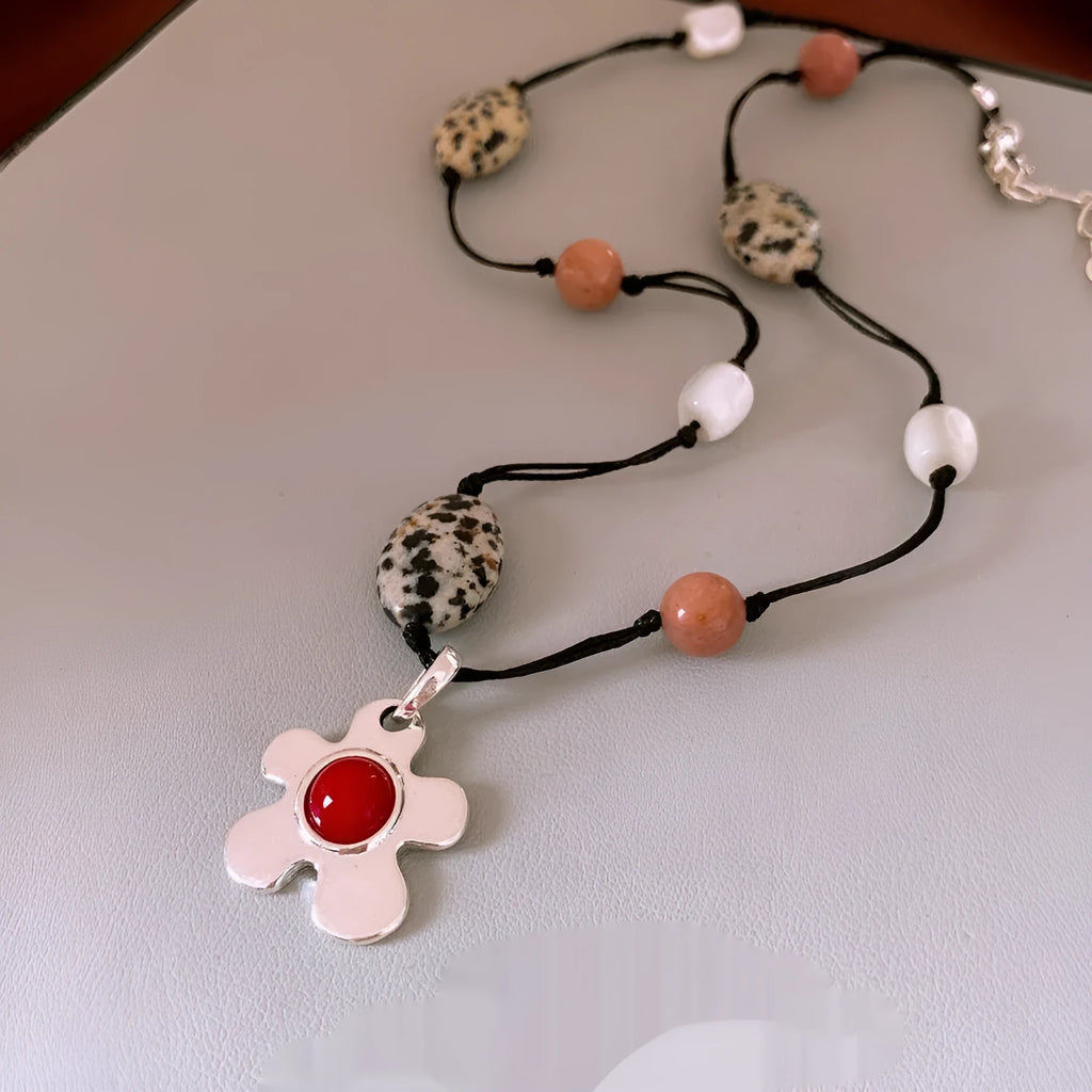 Ethnic flower pendant necklace with adjustable 51-60cm chain, stone shell beads, and electroplated alloy construction