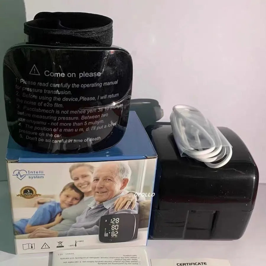 Black wrist blood pressure monitor with USB recharge port and multi-language voice function.