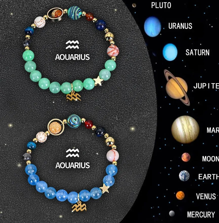 Set of two natural stone beaded bracelets featuring different zodiac sign designs.