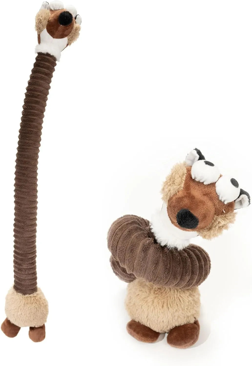 Brown, grey, and yellow plush dog toys with squeaker and crinkle sound features