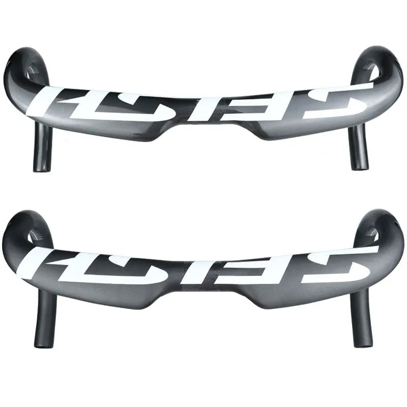 Carbon fibre road bicycle drop handlebar with internal cable routing channels shown in a black finish