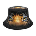 Tiger pattern bucket hat with dome crown in khaki animal print on polyester fabric