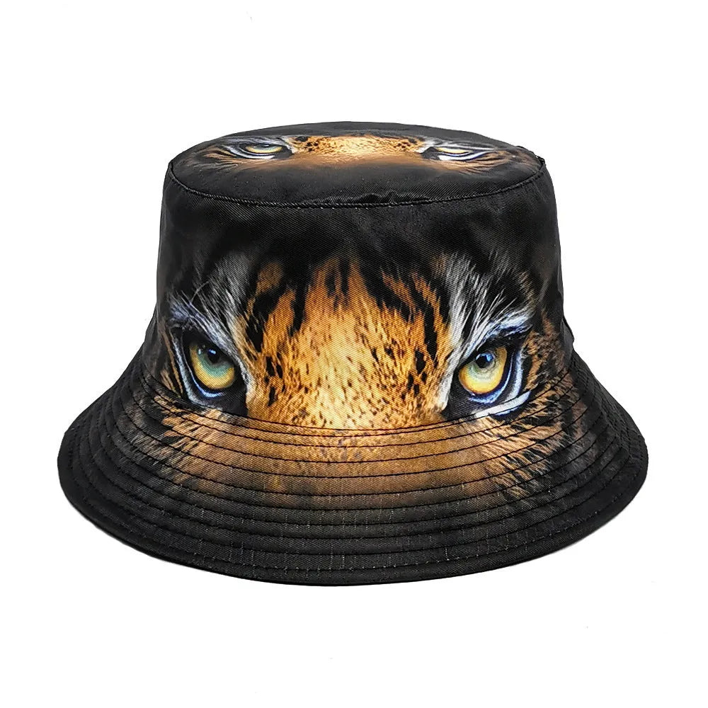 Tiger pattern bucket hat with dome crown in khaki animal print on polyester fabric
