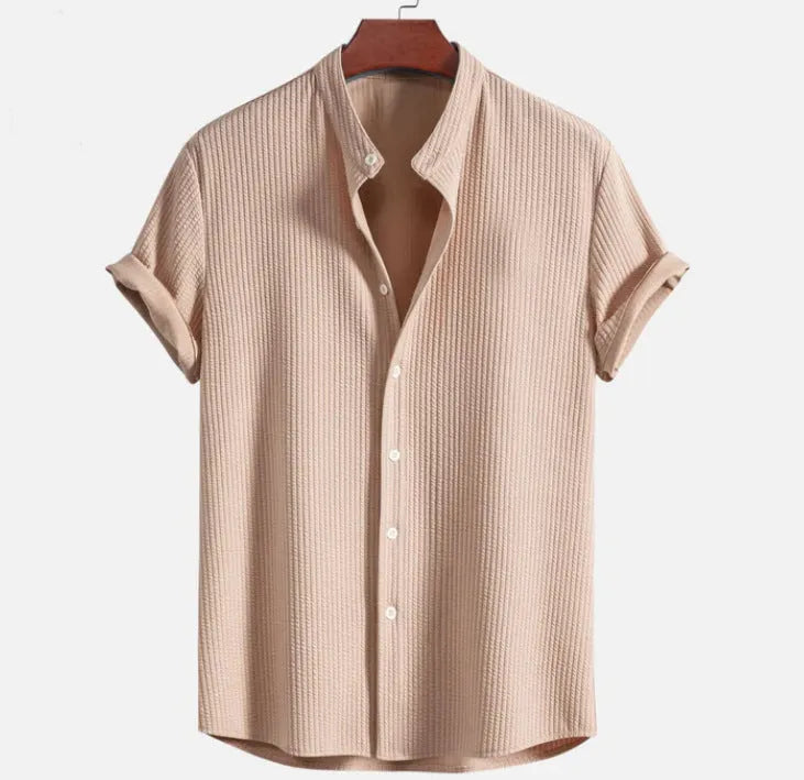 Men's loose fit short sleeve polyester shirt in multiple colour options showing Asian sizing