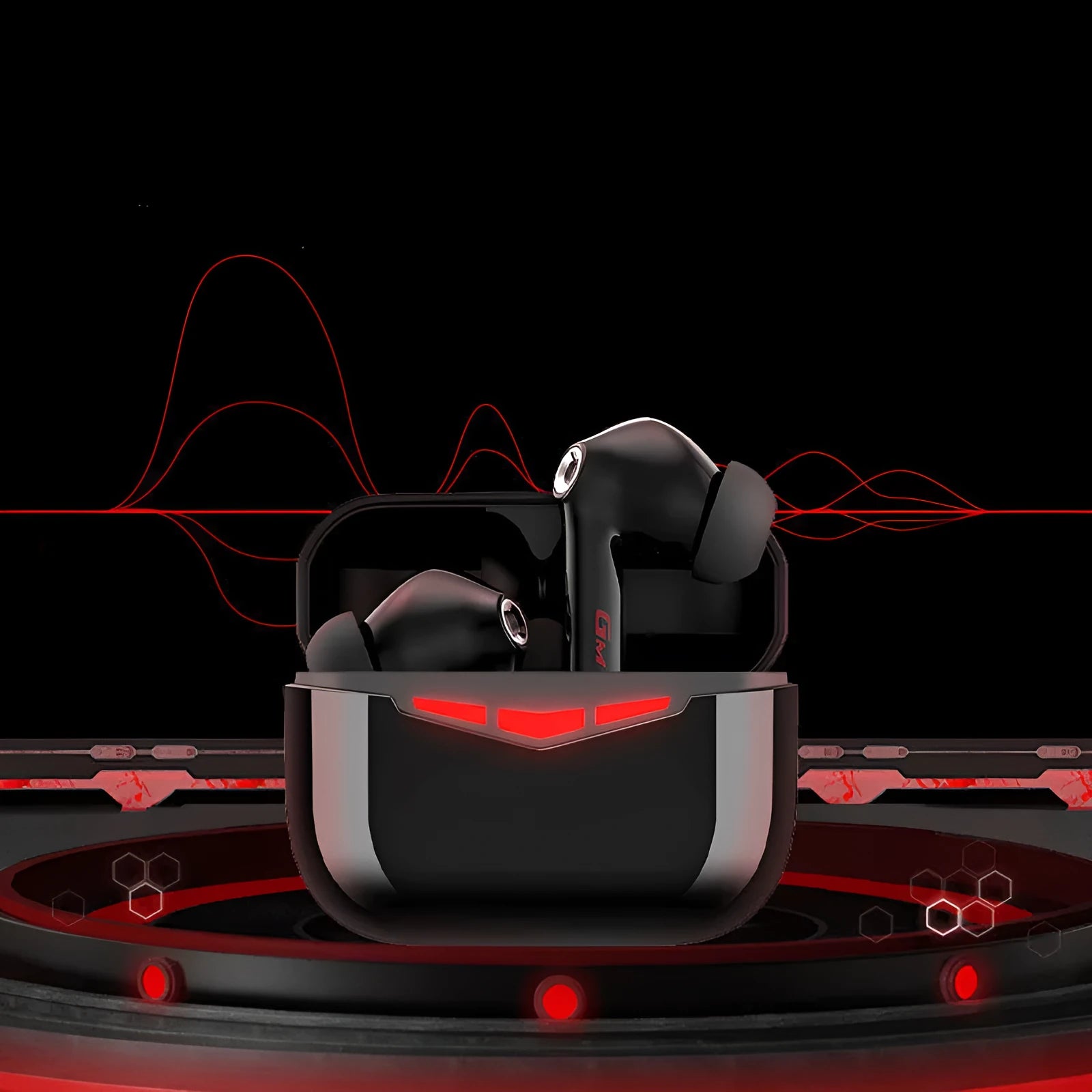 Black true wireless gaming earbuds and charging case on a grey background, showing the in-ear design.