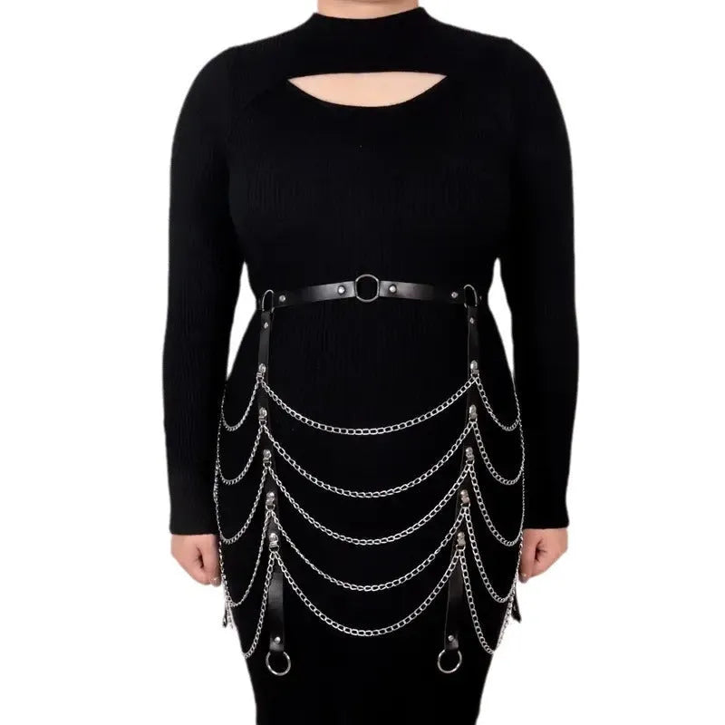Black PU leather waist chain with bandage binding design for women's alternative fashion
