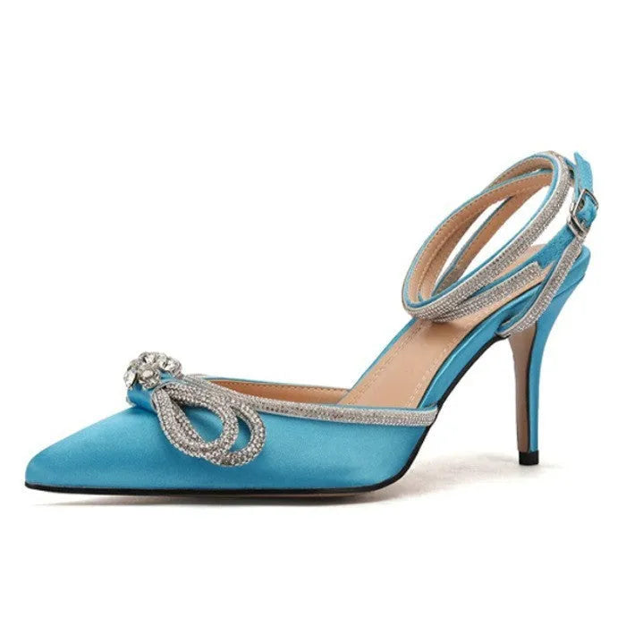 Women's black stiletto sandals with a silk bandage heel and buckle closure