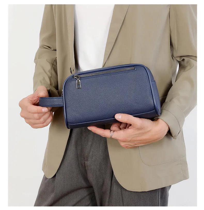 Men's solid colour business clutch bag in soft PU leather with visible sewing thread detail