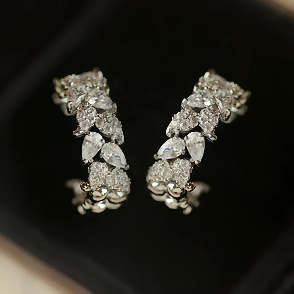 Women's geometric copper earrings with inlaid zircon in white gold colour, wheat and leaf design
