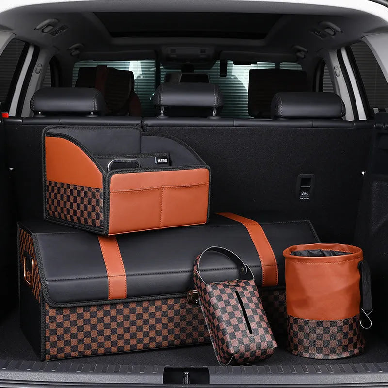 Leather folding car bin with handle for vehicle interior waste collection