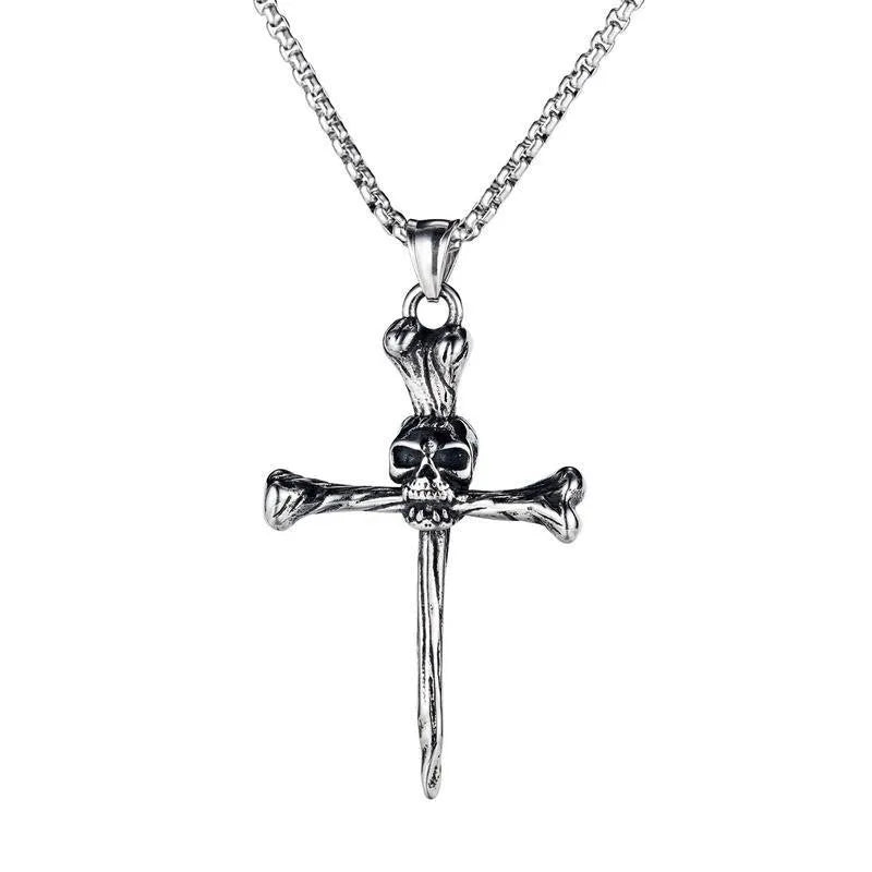 Copper cross skull pendant sweater chain in retro punk style with cross, keel, or pearl chain options.