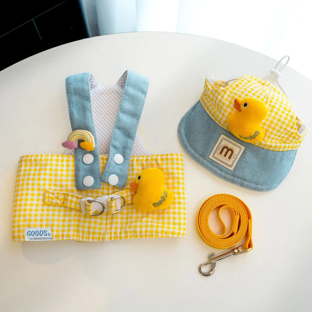 Three-piece pet harness and leash set with cute hat for cats and small dogs in spring summer colors