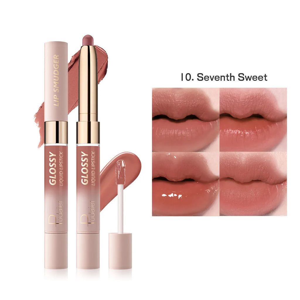 Double-headed lipstick lip gloss with matte finish showing 10 colour options
