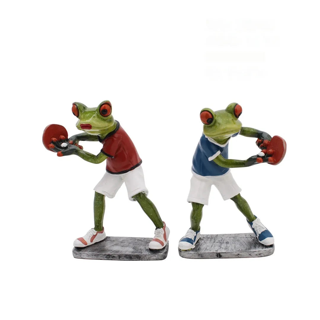 Pastoral style green resin frog decoration figurine on a wooden shelf.