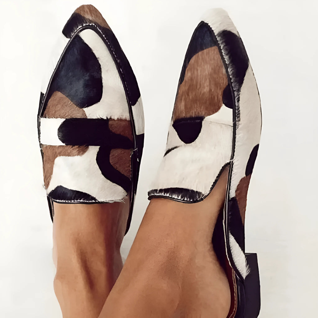 Women's black and white apricot imitation horse hair low heel shoes with pointed toe