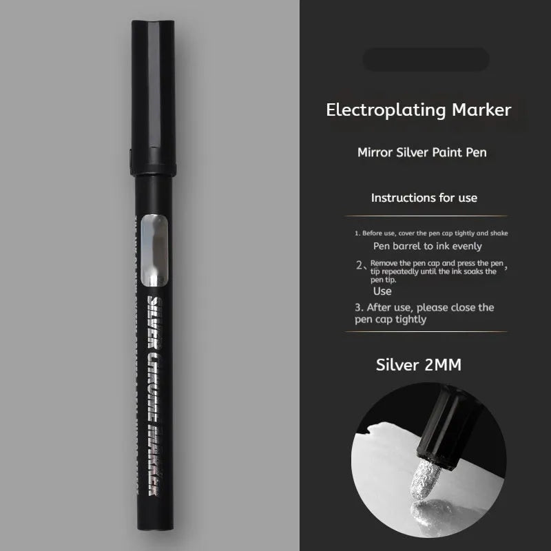 Waterproof mirror marker pen with plastic cap, shown with 1mm and 2mm tip size options.