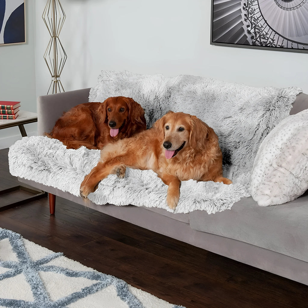Plush waterproof dog cushion in dark grey showing double-layer thickening construction with size measurement