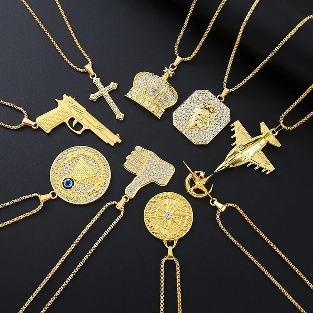 Gold geometric alloy pendant necklace with inlaid diamond-treated zirconia stones.