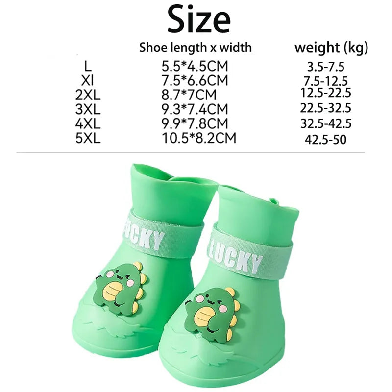 Waterproof anti-slip silicone pet rain boots, 4PCs, blue green pink yellow, sizes L to 5XL