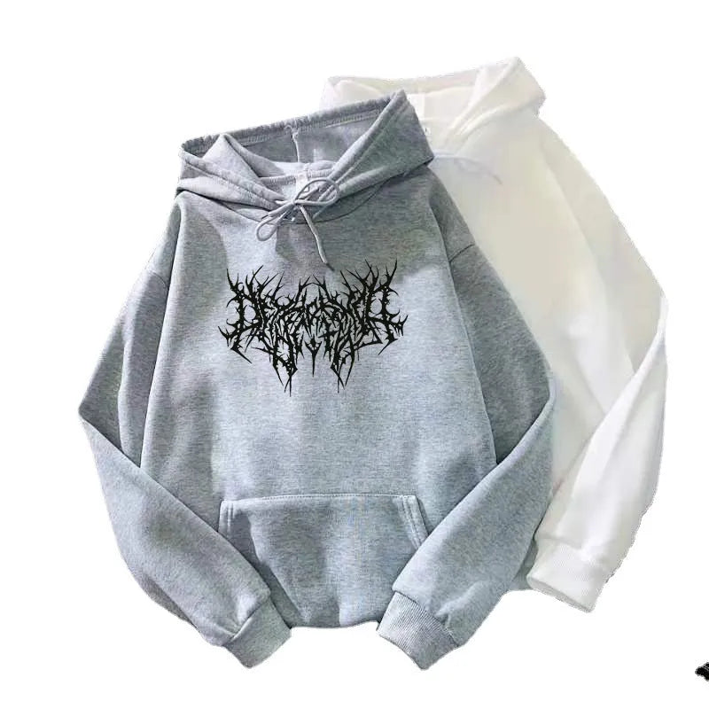 Men's and women's loose street hipster hoodie with letter print in cobweb-black colour