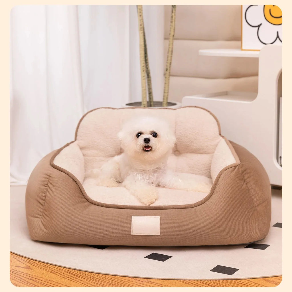 Medium plush foam dog bed in grey with raised edges and non-slip base, size M 60x50x29cm