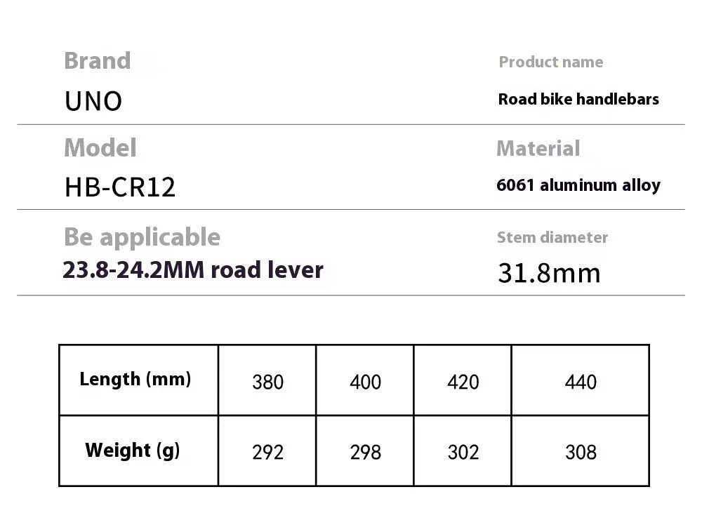 UNO aluminium road bike drop handlebar in black, showing curved drop shape and printing mark.