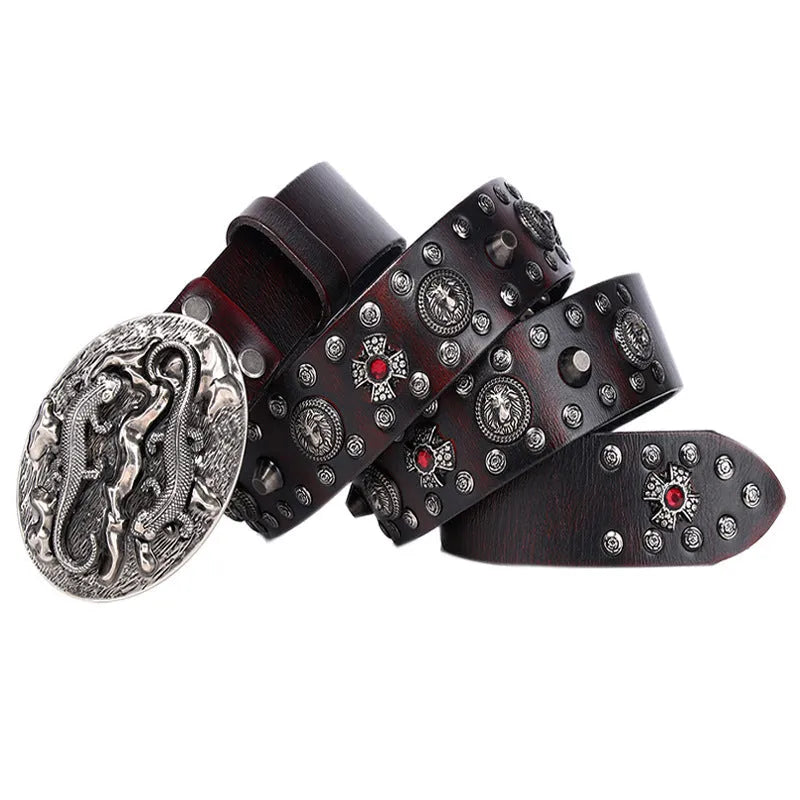 Men's black genuine leather belt with punk-style rivets and a silver alloy buckle.