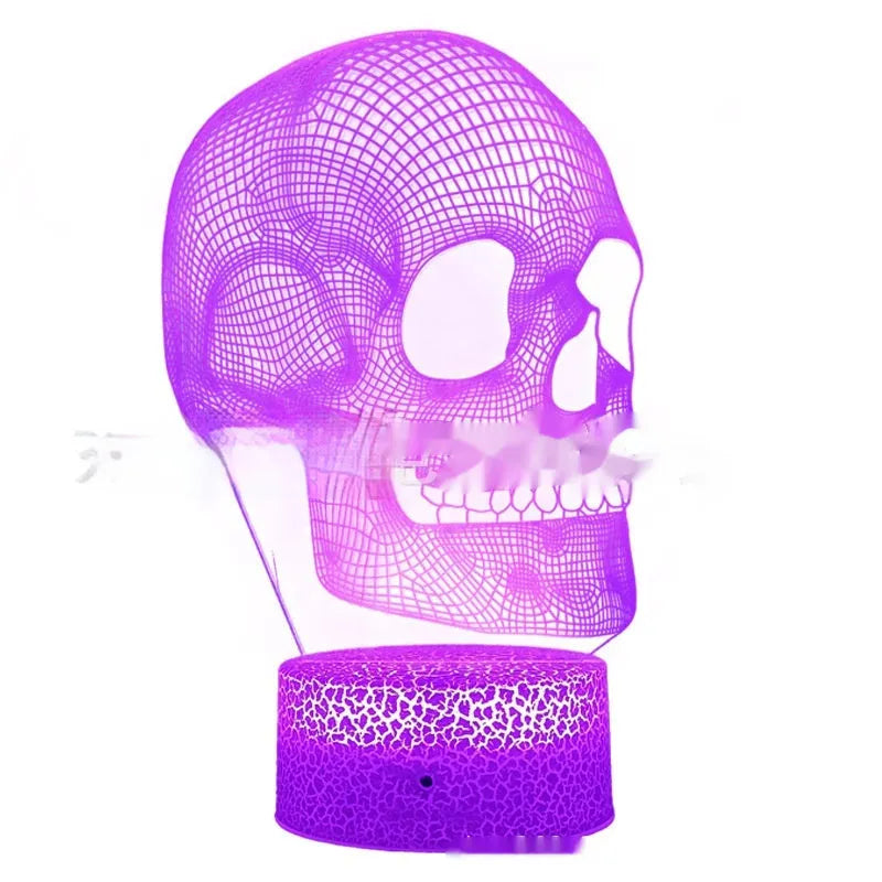 Acrylic 3D small night lamp in skull shape, geometric stereo design, with black base and USB cable