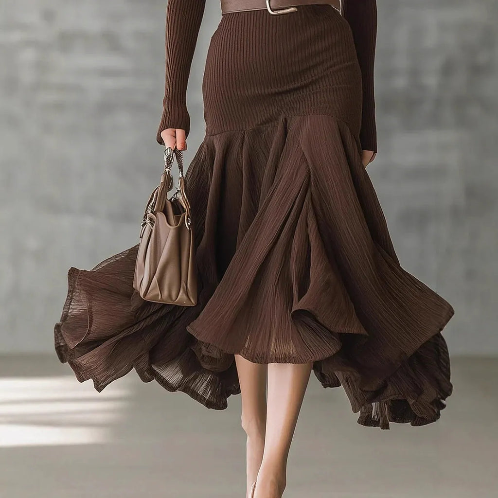 Stitching V-neck long-sleeve dress in solid dark brown with high waist and asymmetric long skirt, sizes S-XXL.