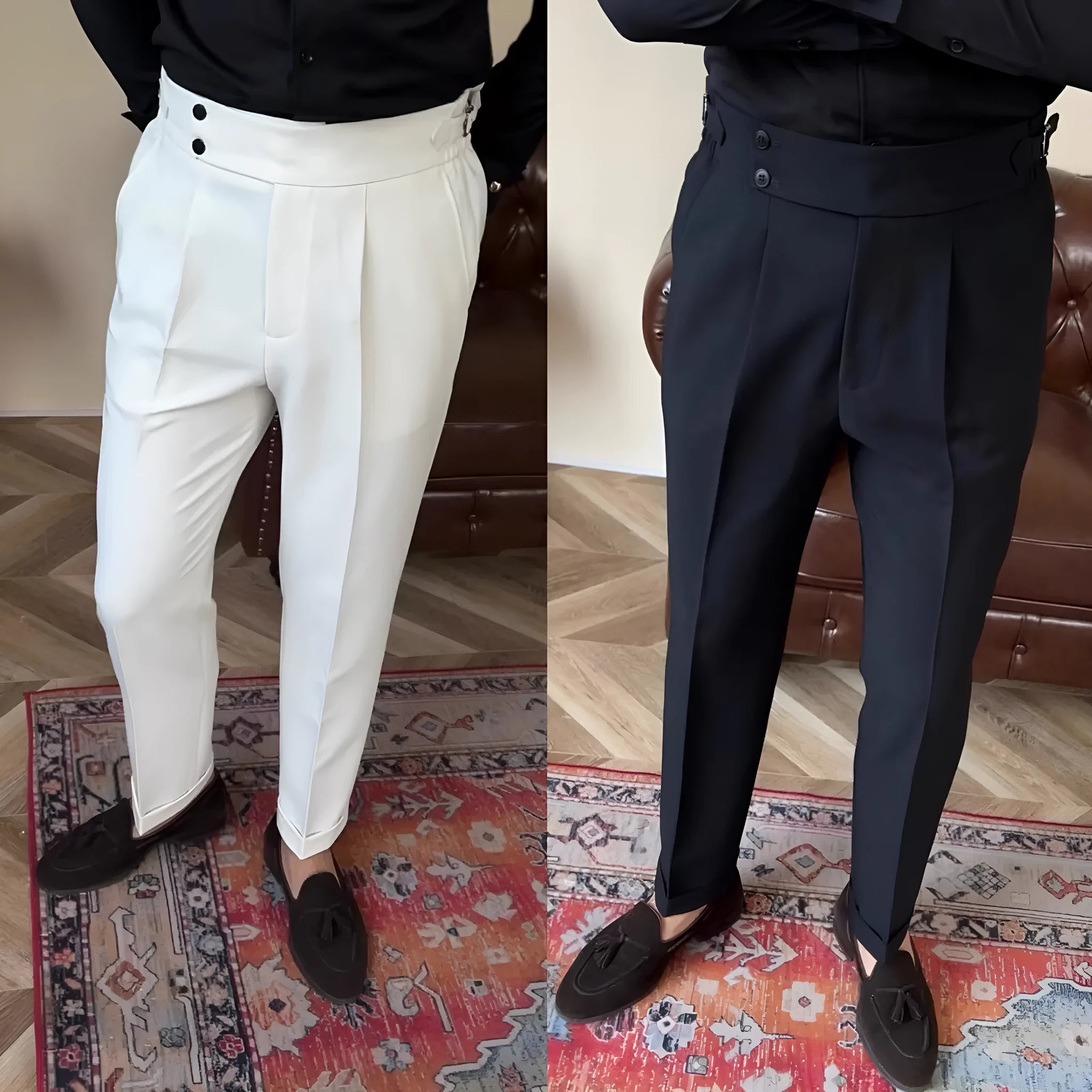 Men's high-waisted straight-leg trousers in black, white, and dark gray polyester blend fabric