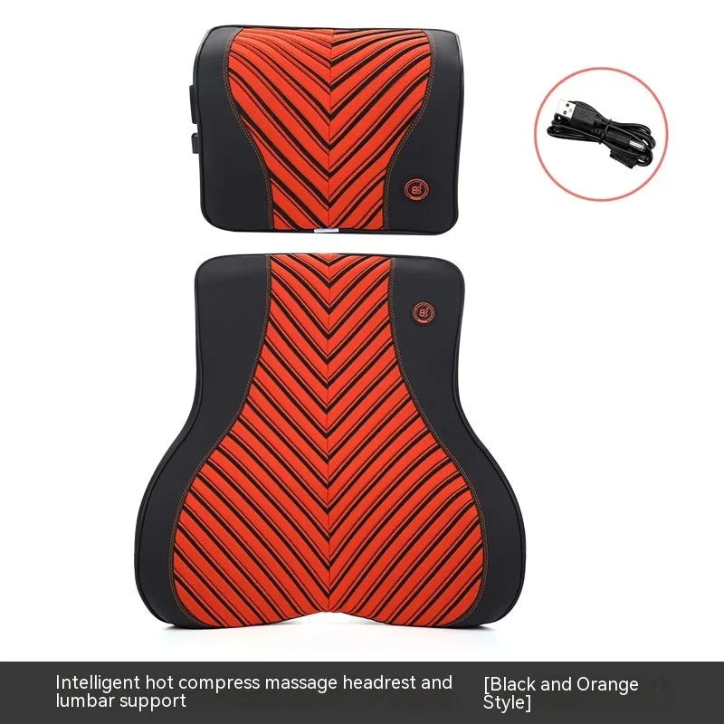 Black and red electric car massage headrest and lumbar support cushion with leather mesh fabric.