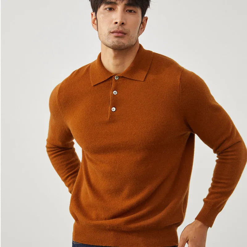Men's cashmere polo collar pullover sweater in loose fit available in multiple colours