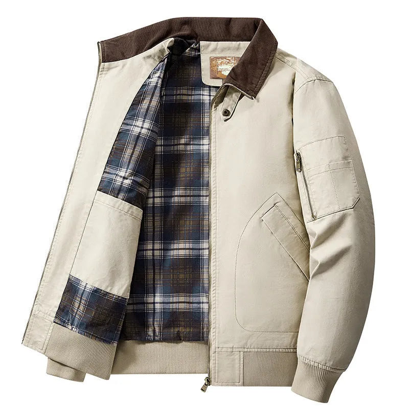 Men's beige washed cotton baseball jacket shown on a model, plus sizes up to 5XL.