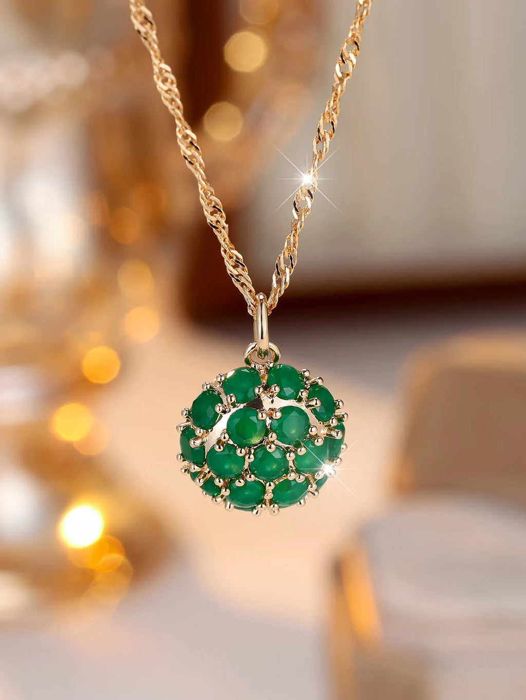 Round emerald diamond necklace with geometric pendant on gold plated chain