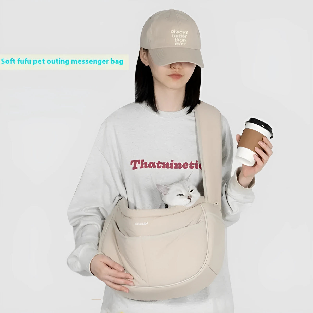 Nylon pet messenger bag for pets under 6kg with adjustable cross-body strap, shown in Almond Custard and Butter Pudding