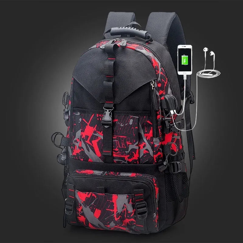 Men's waterproof Oxford cloth hiking backpack showing 56-75L capacity and air pillow belt system in black colour option