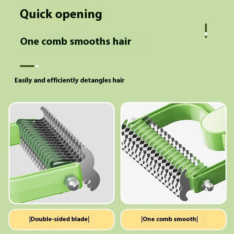 Green and grey pet detangling combs for dogs with stainless steel rotating teeth on a PP plastic handle.