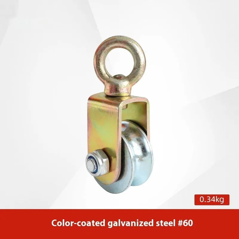 Red and galvanised A3 steel industrial lifting pulley with safety latch on hook.