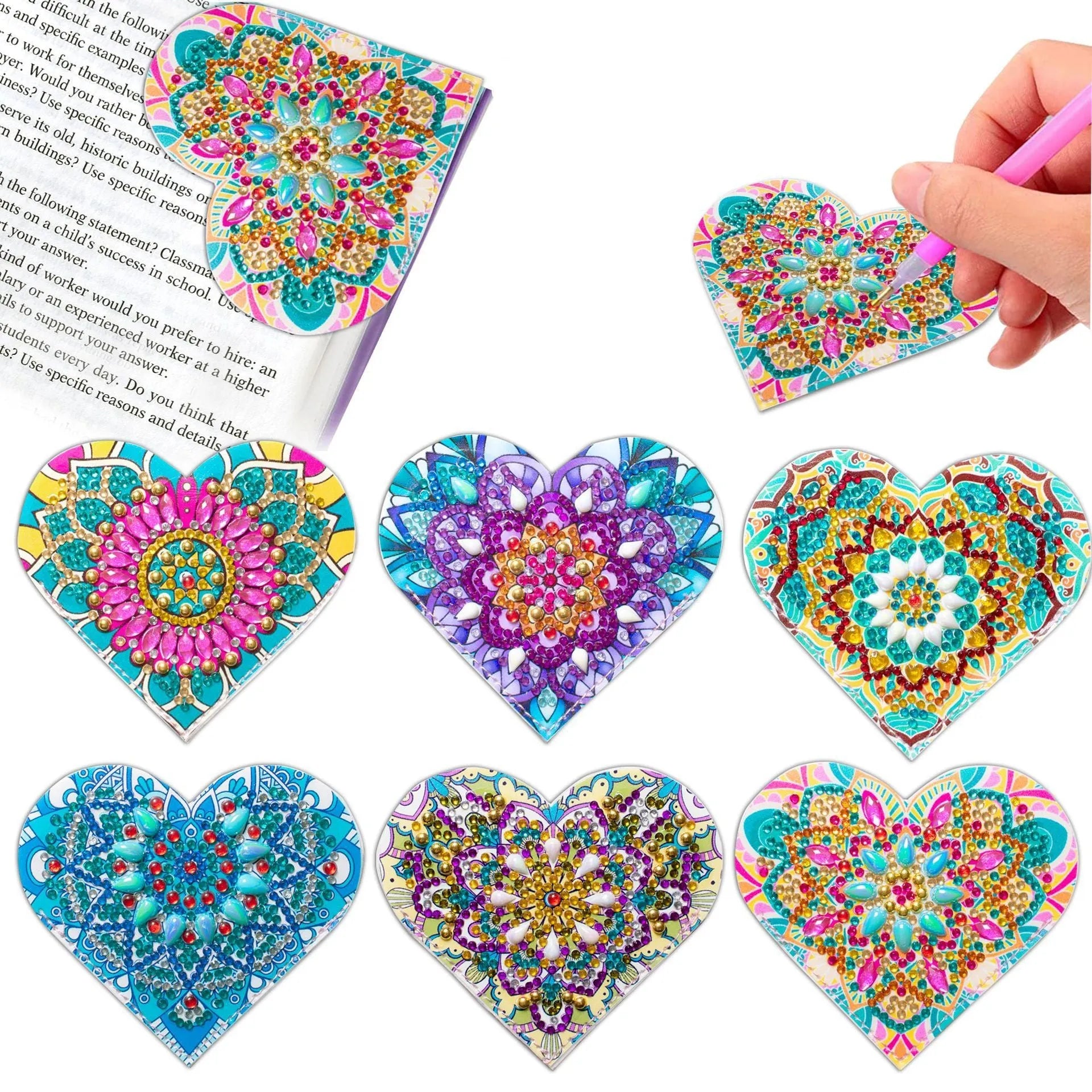 Six frameless PU leather cornerite bookmarks with crystal flower designs on a surface.