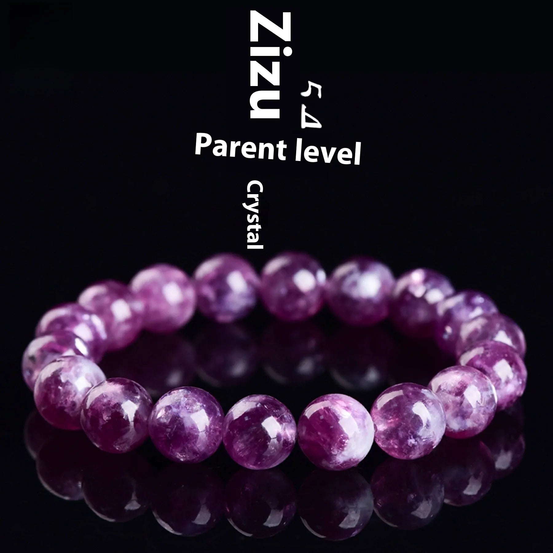 Polished purple and pink crystal grandmother bracelet with geometric beads on a wrist, showing Korean-style unisex design.