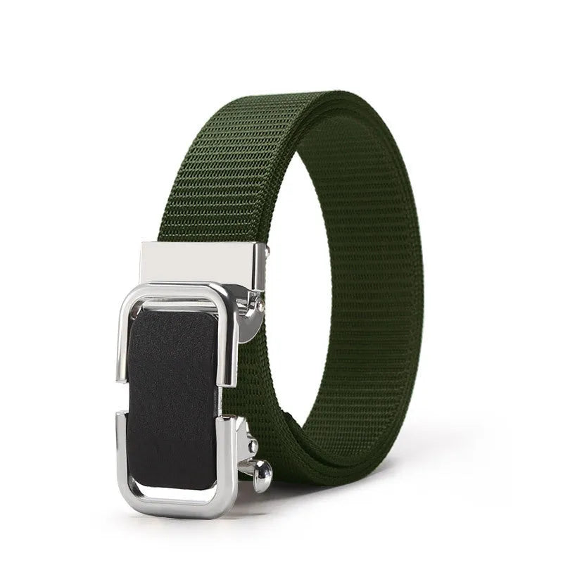 Men's toothless nylon canvas belt with alloy buckle showing adjustment mechanism