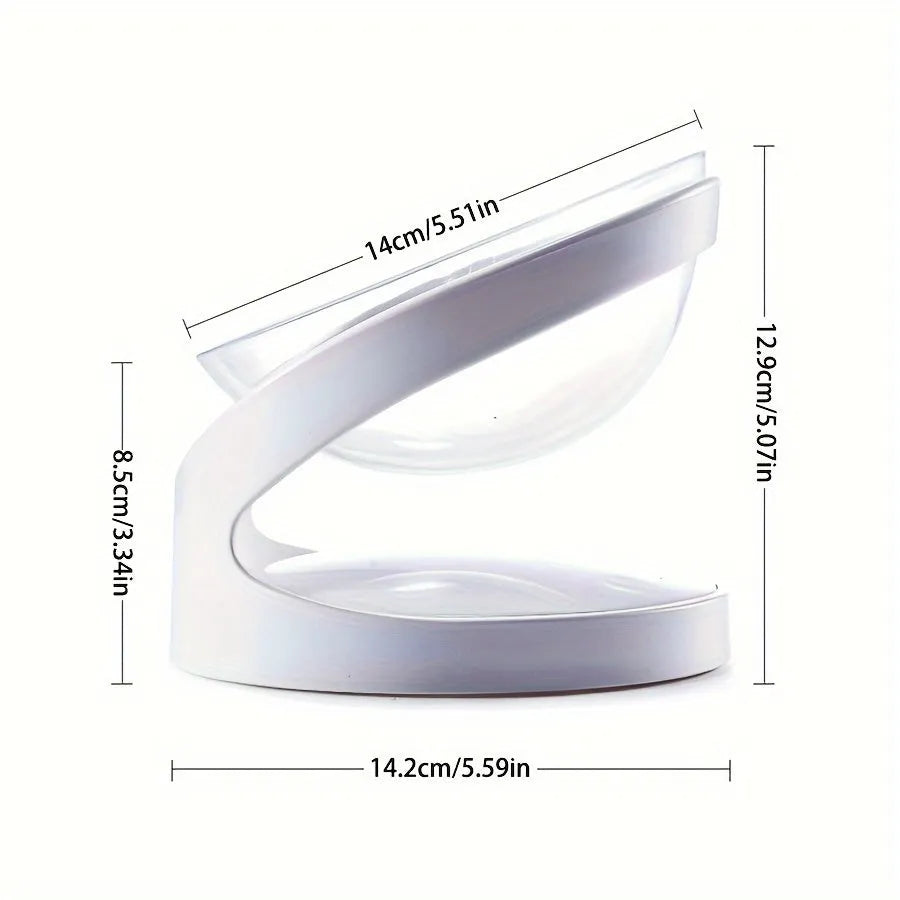 White clear plastic elevated cat food bowl with tilted ergonomic design for neck protection.