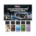 Pack of five 10ml bottles of car air freshener refill liquid in cologne, ocean, vanilla, lavender, and citrus scents.