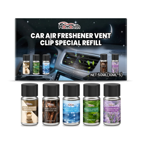 Car air freshener refill pack with five small bottles showing vanilla, lavender, citrus, ocean and sandalwood scents