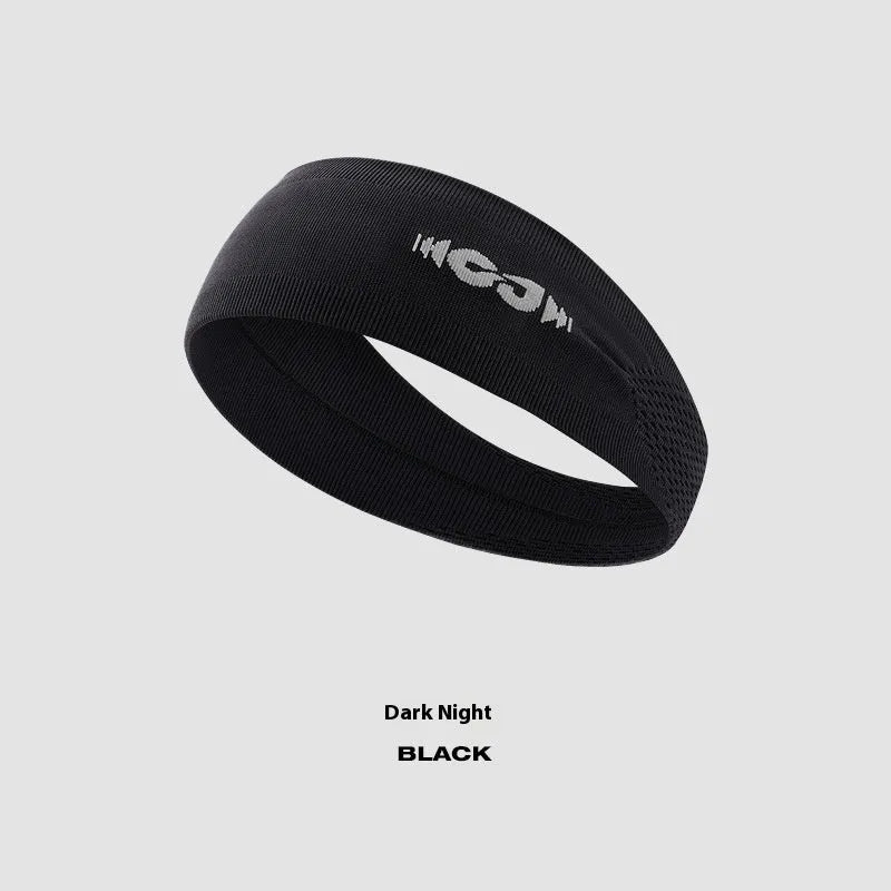 Seamless knitted exercise hair band in black, grey, or blue, made from nylon and spandex blend.